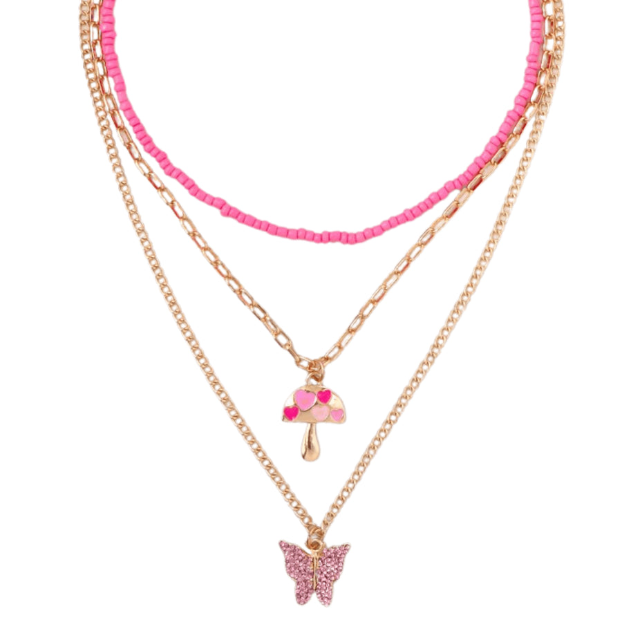18k Gold Butterfly Multilayer Halskette in Rosa und Pink mit Pilzanhänger - Einzigartige Verspieltheit und Eleganz