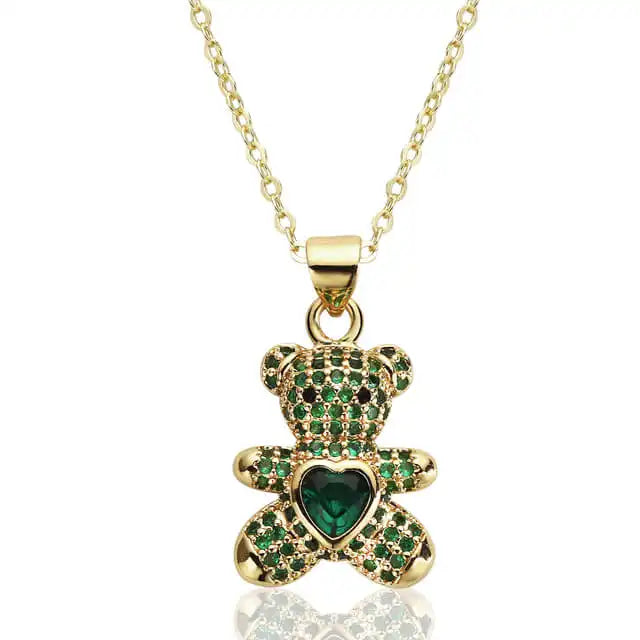 Love Bear Halskette mit verschiedenen grünen Zirkonia in 18K Gold - Eine entzückende Halskette für einen liebevollen Look.