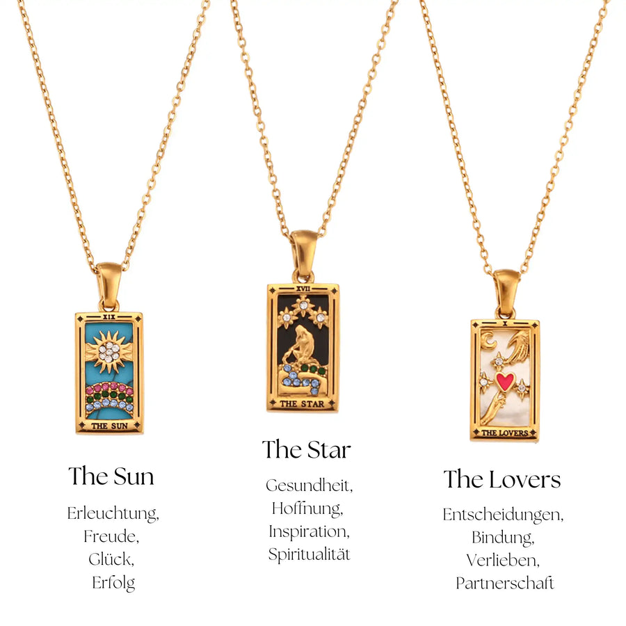 The Lovers Tarotkarten Halskette - Bedeutungsvolle Halskette aus 18K Gold mit dem Motiv der Liebenden aus dem Tarot, symbolisiert Liebe, Harmonie und Partnerschaft.